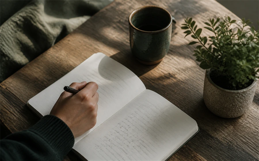 A quiet reflection scene with a notebook, cup, and small plant