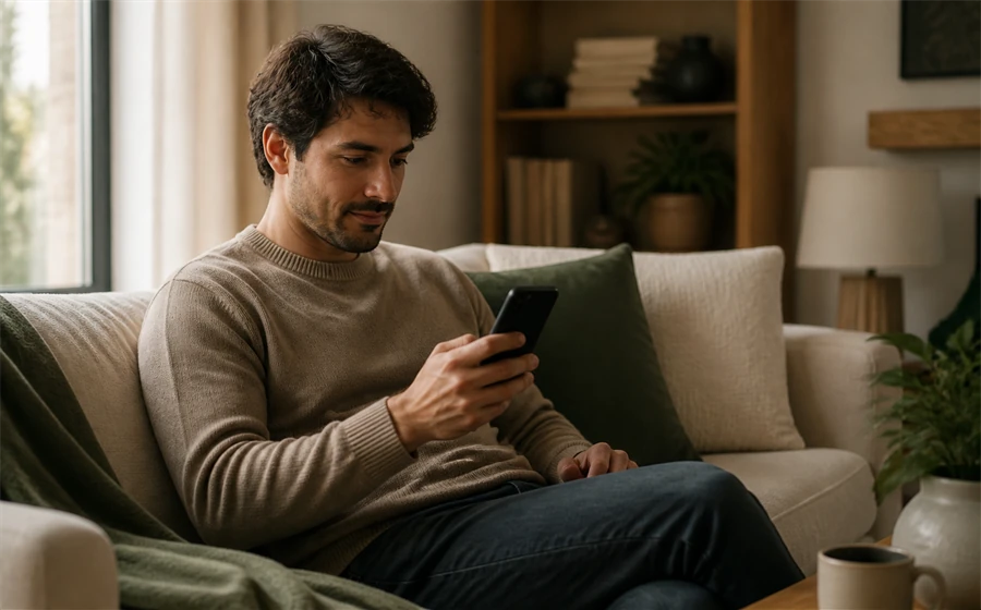 An adult seated at home holding a phone with its screen turned away