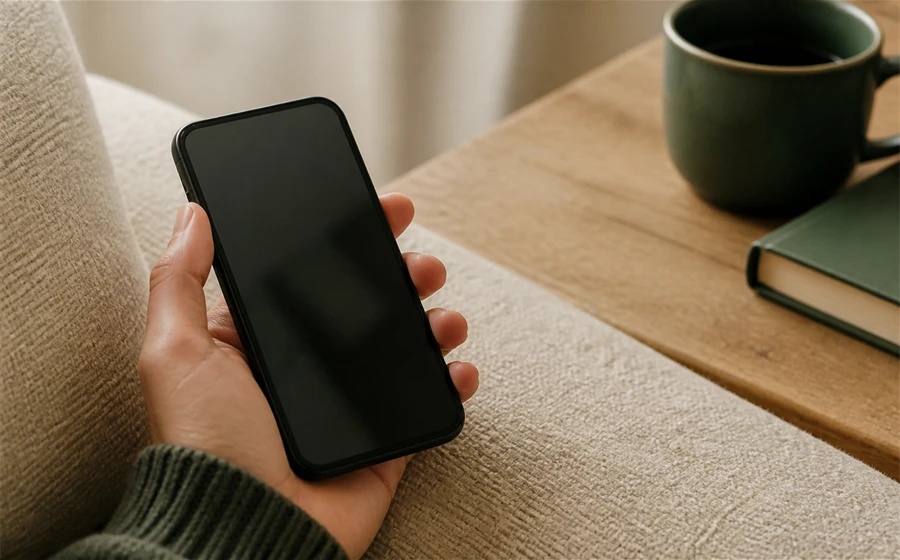 A hand holding a dark phone in a calm, warm setting